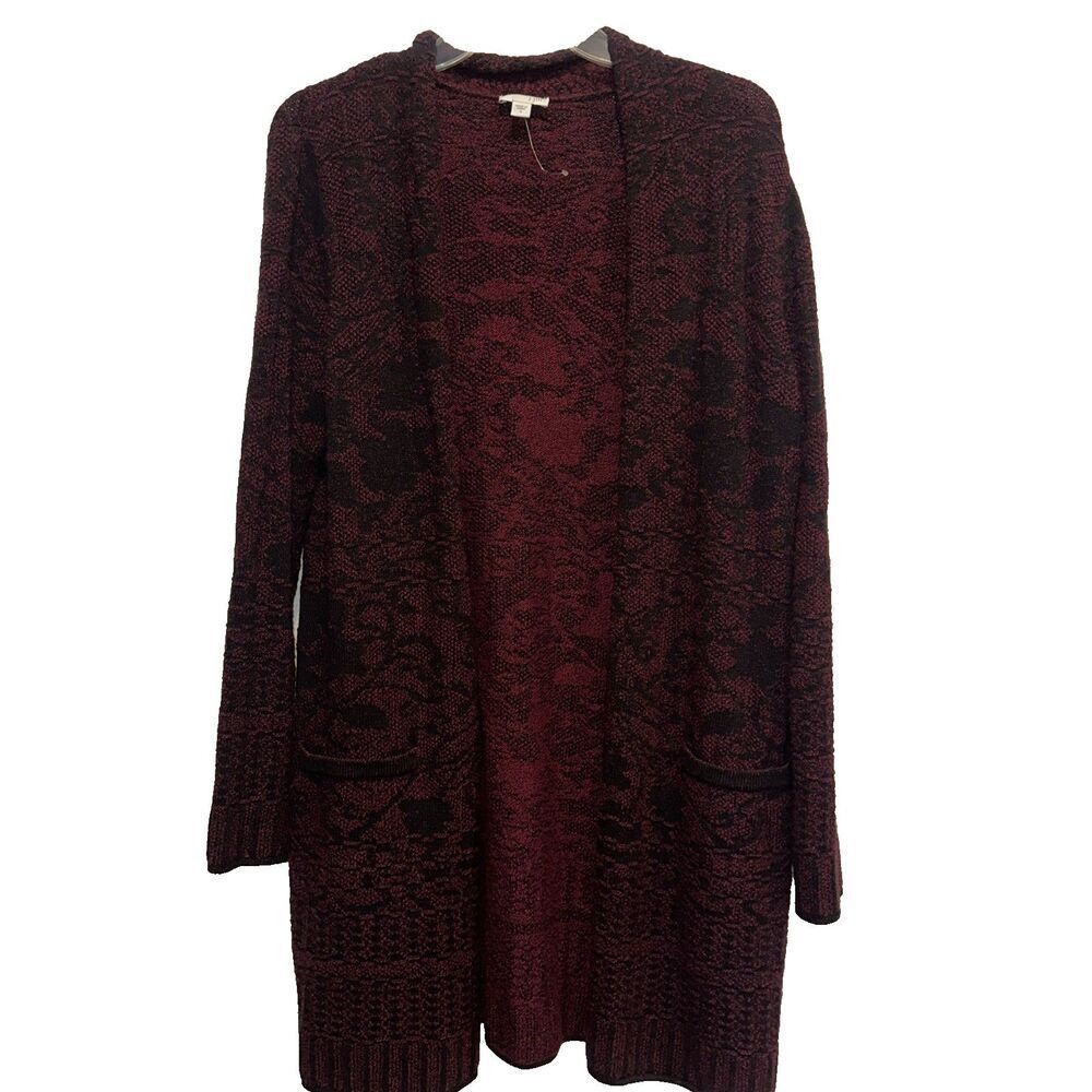 J. Jill Longline Cardigan Sz S Maroon Black Jacquard Pockets Stretch Duster Boho